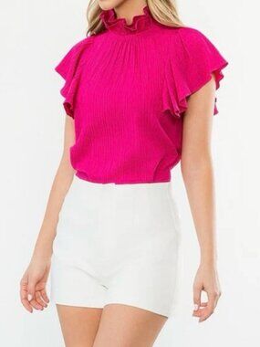 THML Fuchsia Pink Flutter Ruffle Sleeve Collar Crinkle Blouse Top Shirt Small S